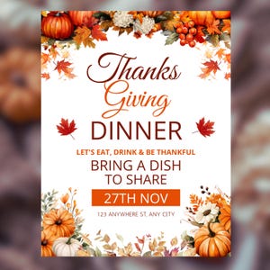 Może przedstawiać: Zaproszenie na kolację z okazji Święta Dziękczynienia z akwarelowymi dyniami, liśćmi i kwiatowymi akcentami. Tekst brzmi "Thanksgiving Dinner" z datą "27th Nov" i adresem "123 Anywhere St, Any City". Projekt jest w odcieniach pomarańczowego, brązowego i białego.