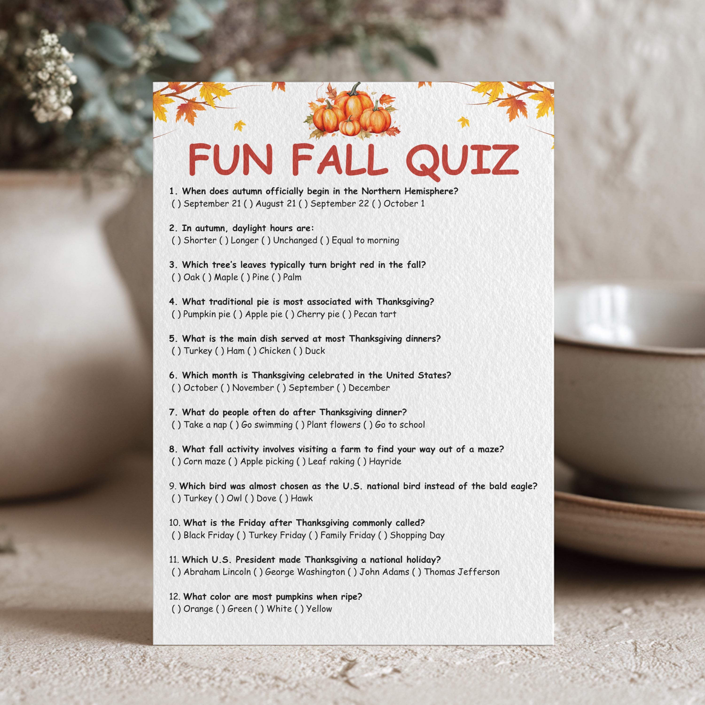 Fall Trivia Game, Autumn Printable Party Family Fun Enjoyable ...