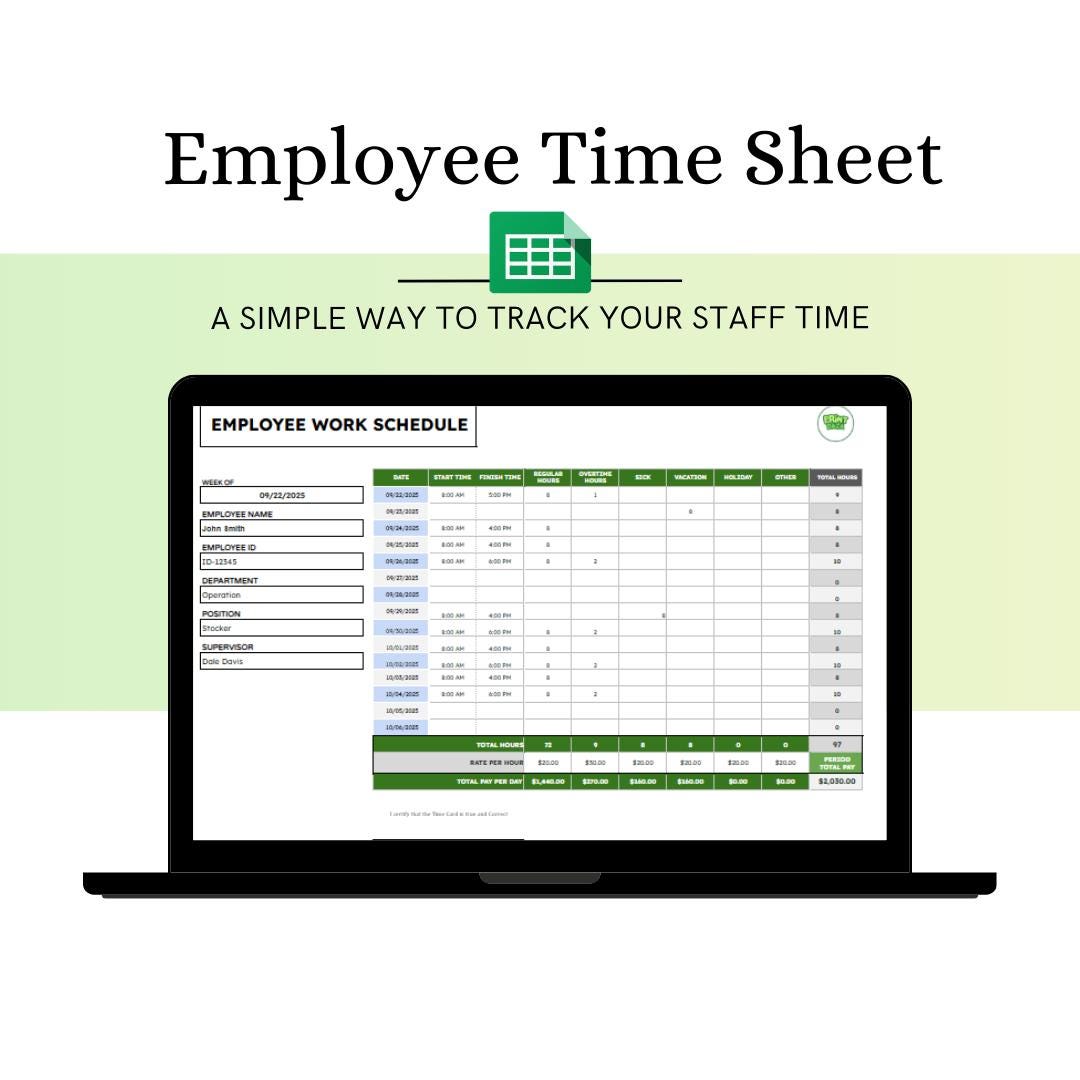 Employee Time Sheet Bi Weekly Card Easy Editable Printable Staff Hours ...