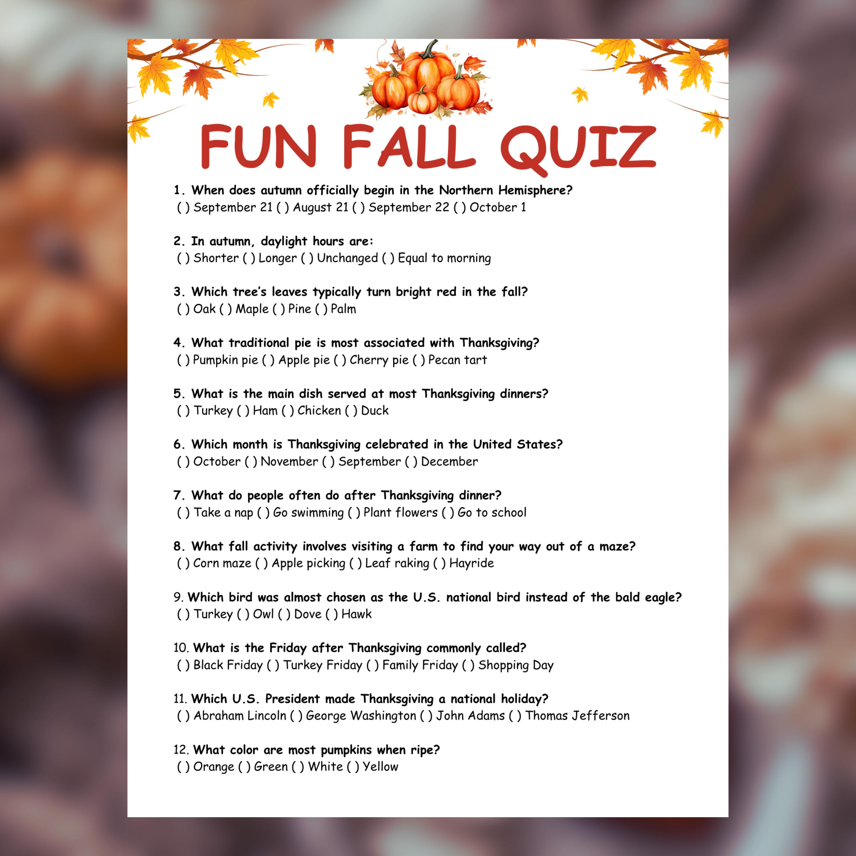 Fall Trivia Game, Autumn Printable Party Family Fun Enjoyable ...