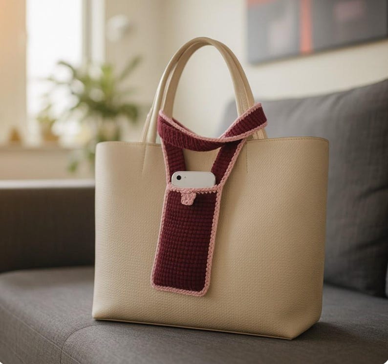 Minimalist Short-Strap Phone Pocket crochet pattern listing photo by DivinecompassDesigns