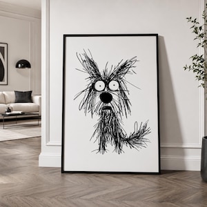 Funny Dog Wall Art, Black and White Dog Poster, Scribble Pet Decor, Dog Lover Gift,