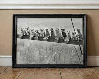 1932 Dogs Having Lunch Atop a Skyscraper Matte Horizontal Poster | Vintage NY Cityscape