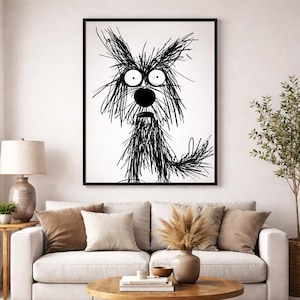 Scruffy Scribble Dog Matte Vertical Posters | Black Line Art, Whimsical Pet Illustration