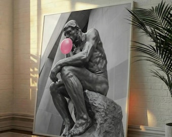 Thinker Statue with Pink Bubble Gum Matte Vertical Poster | Pop Art Wall Print