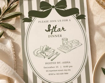 May include: An Iftar dinner invitation card featuring a dark green bow at the top, vertical stripes, and an oval frame. The text reads: Please join us for a Iftar dinner, Hosted by: Aisha, December 25, 8:00 pm, 123 Anywhere street, Any city, RSVP to +123-456-7890.