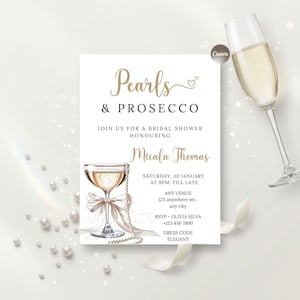 Sjabloon voor vrijgezellenfeesten met parels en prosecco | 5×7-uitnodiging | Bewerkbare digitale feestkaart | Thema champagne en parel