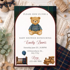 Invitación elegante para baby shower con osito de peluche tejido a mano / Tema de tartán, invitación elegante para baby shower de niño, plantilla editable de Canva