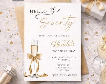 70th Birthday Invitation | Cocktail Party Bow Design (Digital Download)