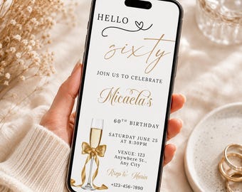 60th Birthday Invitation Gold Cocktail Bow | Elegant Sixty Party (Digital Download)