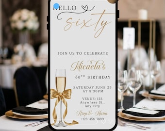 60th Birthday Invitation Gold Cocktail Bow | Elegant Sixty Party (Digital Download)