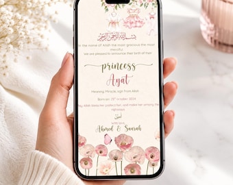 Video de anuncio de nacimiento de niña con flores rosas / Plantilla editable en Canva (descarga digital)