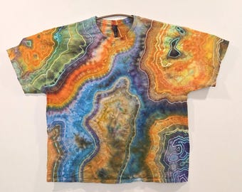 Camisa teñida con hielo y teñido anudado hecha a mano, talla 3XL, una camiseta de algodón colorida única en su tipo para hombre, regalo unisex bohemio para festivales, arte artístico teñido a mano para vestir.