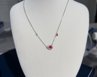 Genuine Ruby Natural Diamond Necklace 18K solid Gold, Ruby Pear cut Pendant Necklace, Two Tone Gold Necklace, Fine Jewelry Gift for Her