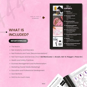 May include: A pink digital download graphic with the text "WHAT IS INCLUDED?" and a list of topics including nail anatomy, techniques, and marketing. The image also features a table of contents and product photos.