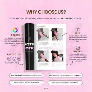 May include: An open book with nail application steps, a black acrylic product, and the text "WHY CHOOSE US?" on a pink background. The book shows how to apply acrylic nails, with text and images.