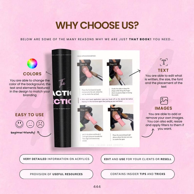May include: An open book with nail application steps, a black acrylic product, and the text "WHY CHOOSE US?" on a pink background. The book shows how to apply acrylic nails, with text and images.