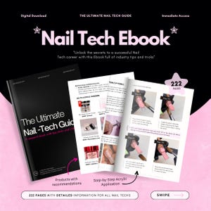Könnte beinhalten: Ein schwarz-weißes "Nail Tech Ebook"-Cover und offene Seiten mit Schritt-für-Schritt-Anleitungen zur Acrylanwendung. Das E-Book enthält Tipps und Tricks, Produktempfehlungen und ist 222 Seiten lang. Digitaler Download.