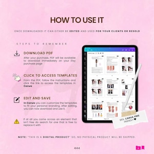 May include: A digital product guide titled "HOW TO USE IT" with instructions for downloading, accessing templates, and editing in Canva. The guide is displayed on a tablet with a stylus, and includes a "95% Canva Free Friendly" sticker.