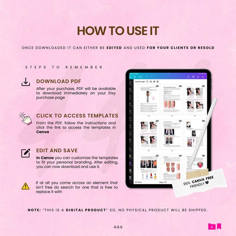 May include: A digital product guide titled "HOW TO USE IT" with instructions for downloading, accessing templates, and editing in Canva. The guide is displayed on a tablet with a stylus, and includes a "95% Canva Free Friendly" sticker.