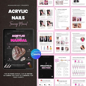 Könnte beinhalten: Ein digitales Schulungshandbuch für Acrylnägel mit dem Titel "Acrylic Nails Training Manual" in Weiß und Rosa. Das Handbuch enthält Schritt-für-Schritt-Anleitungen, Checklisten und Diagramme für die Nagelapplikation und -gestaltung. Das Handbuch umfasst 54 Seiten.