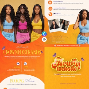 May include: A digital marketing flyer for Crowned Strands featuring three individuals with long hair wearing blue, pink, and yellow crop tops and skirts. The flyer includes text about booking policies, payment, cancellation, and late fees, alongside butterfly graphics and a link to an Acuity website for beauty brands.