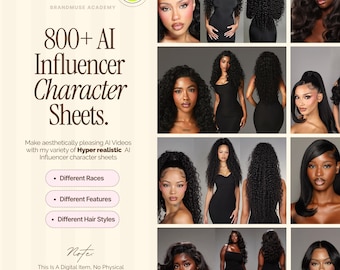 May include: A digital character sheet collection titled 800+ AI Influencer Character Sheets from Brandmuse Academy. The graphic features multiple portraits of diverse individuals with various hairstyles, including long curls and straight hair.