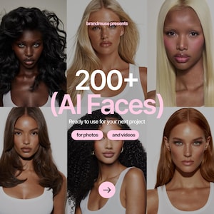 Peut inclure: Un graphique numérique présentant six portraits diversifiés de personnes aux cheveux de textures et couleurs variées, portant des débardeurs blancs. Le texte indique : brandmuse presents 200+ (AI Faces) Ready to use for your next project for photos and videos.