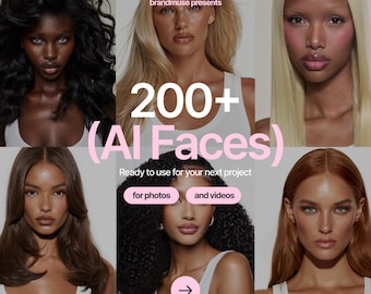 May include: A digital graphic featuring six diverse portraits of individuals with varied hair colors and textures, all wearing white tank tops. The text reads: brandmuse presents 200+ (AI Faces) Ready to use for your next project for photos and videos.