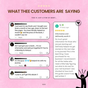May include: A pink graphic with customer testimonials. The text reads "WHAT THEE CUSTOMERS ARE SAYING" and "THIS IS JUST A FEW OF MANY...". Reviews praise the book's helpfulness and informative content. The image includes a star rating.