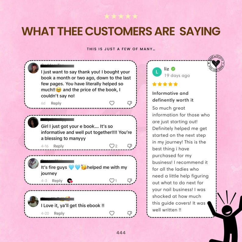 May include: A pink graphic with customer testimonials. The text reads "WHAT THEE CUSTOMERS ARE SAYING" and "THIS IS JUST A FEW OF MANY...". Reviews praise the book's helpfulness and informative content. The image includes a star rating.
