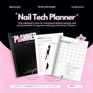 Könnte beinhalten: Ein schwarzer Planer mit dem Text "Nail Tech Planner" und "Planner" in Weiß und Rosa. Der Planer enthält Seiten für Körpermaße und Inhaltsplanung. Das Bild enthält auch den Text "91 Seiten mit Organisationstools für alle Nageltechniker."