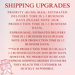May include: A light pink informational graphic with dark red text titled SHIPPING UPGRADES. It details Priority and Express mail delivery times, production schedules of 1-2 business days, and a small illustration of two stacked gift boxes.