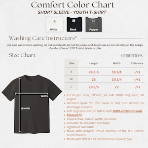 May include: A Comfort Colors 1717 youth t-shirt color chart and size guide. Includes white, black, and pepper shirt options, washing instructions, and a table with length and width measurements in inches for sizes S, M, and L. Features product details.