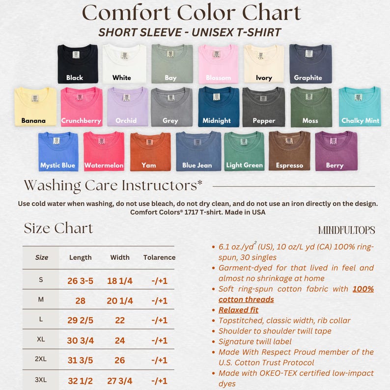 May include: A Comfort Colors 1717 unisex short sleeve t-shirt color chart displaying twenty-one color swatches with names, washing care instructions, and a size chart with measurements in inches for sizes small through 3XL, plus product specifications.