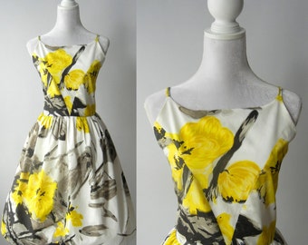 Vintage 1950s Style Cotton Yellow Floral Sundress, Swing Dress