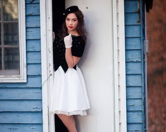 Vintage 1950s Style Black & White Rockabilly Dress, Velvet, Rhinestones and Taffeta