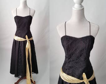 Vintage 1980s Black Lace and Gold Party Dress