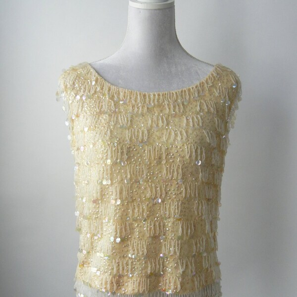 Vintage 1950s Sweater, Vintage Beaded Top, 1950s Sequin Blouse, Retro 50s Sweater, Ivory Wool Sweater, 50s Off White Wool Sweater, 50s Top