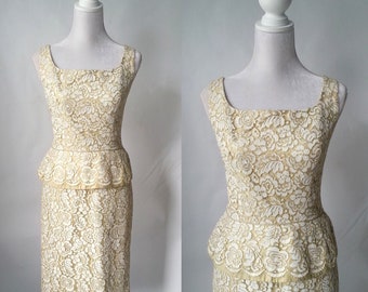 Vintage 1950s 1960s Gold Cream Lace Cocktail Dress with Peplum by Parues Feinstein