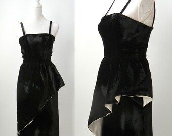 Vintage 1980s Black Velvet Party Dress with Side Ruffle Dress