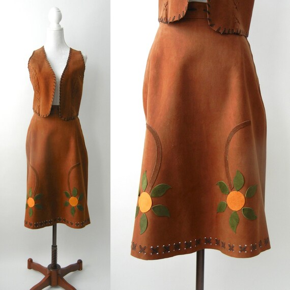 Vintage 1970s Brown Suede Skirt & Vest Set, 70s Hi
