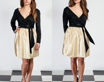 1950s Style Dress, Gold and Black Wrap Look