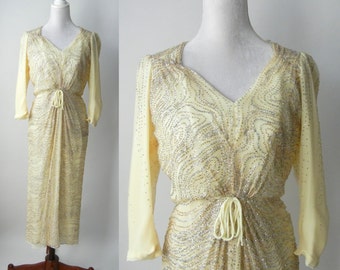 Vintage 1980s Cream and Silver Sparkle Silk Dress