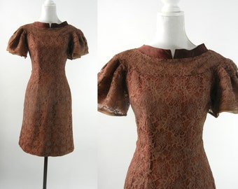 Vintage 1950s Brown Lace Short Sleee Dress