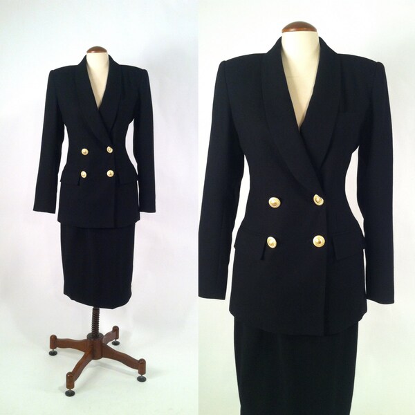 SALE! intage 1980s Oleg Cassini Black Wool Suit - Gabardine - Size 8 - Retro 80s - Gold Buttons - Jacket - Blazer - Skirt