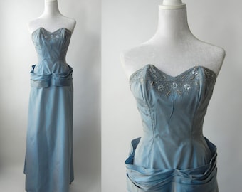 Helen Nash Vintage 1950s Blue Dress, 1950 Strapless Gown