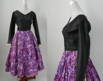 Vintage 1950s Black and Purple Floral Dress