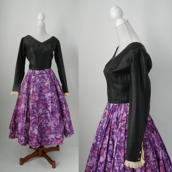 Vintage 1950s Black and Purple Floral Dress