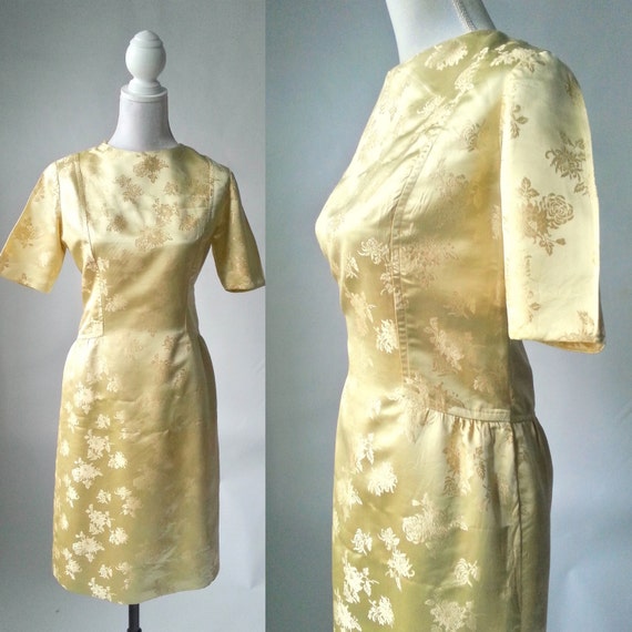 Vintage 1950s Gold Silk Damask Dress